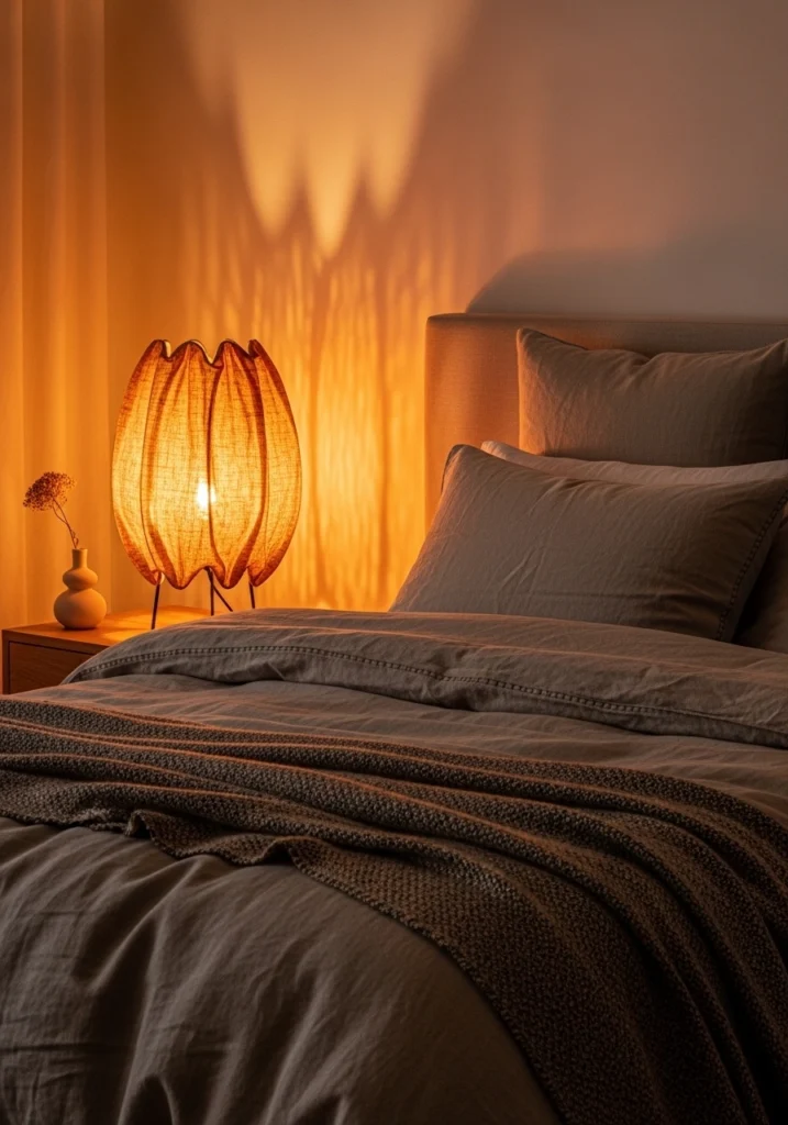 Warm amber lighting in cocooning bedroom – calming retreat idea