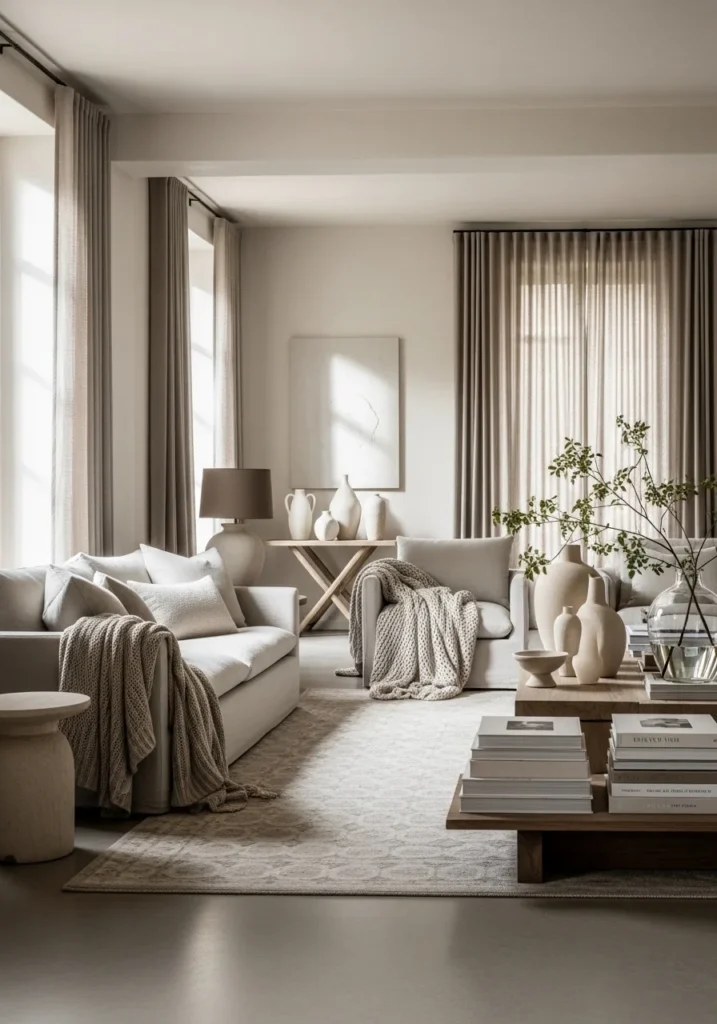 Warm white walls in quiet luxury home – soft and expensive glow