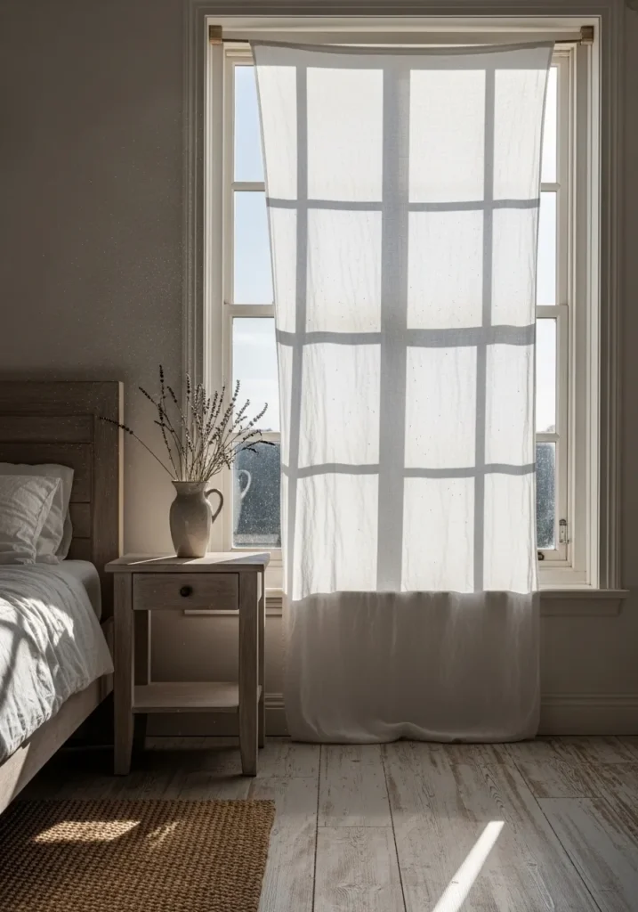 Damp linen sheet hanging over a bedroom window for natural evaporative cooling.