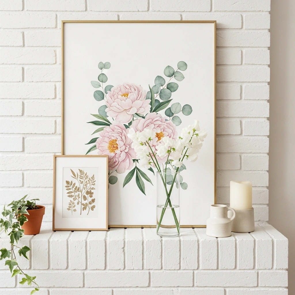 White brick spring mantel decor ideas with large botanical peony print in brass frame smaller pressed botanical print in wood frame layered in front clear glass sweet pea vase cream candle and terracotta ivy on white brick fireplace surround for white brick spring mantel decor ideas 2026
