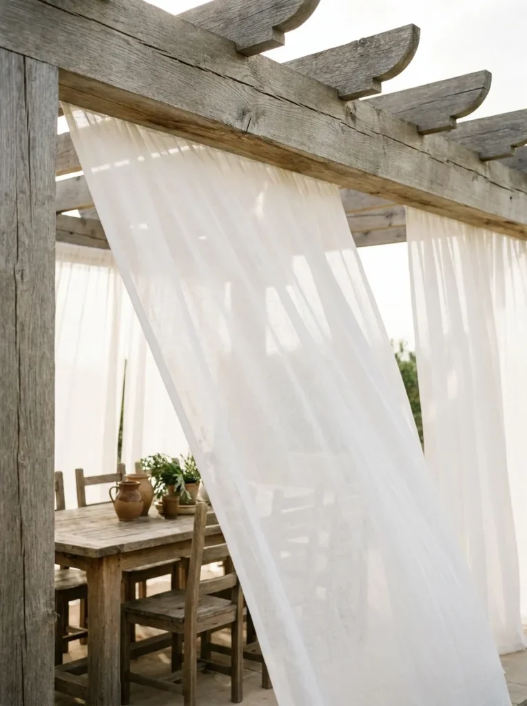 White outdoor curtains framing a summer patio dining area.