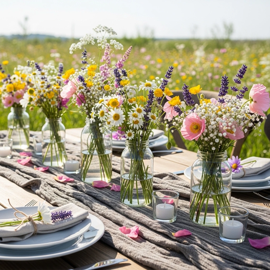 Wildflower meadow spring wedding table decor – natural and fresh look