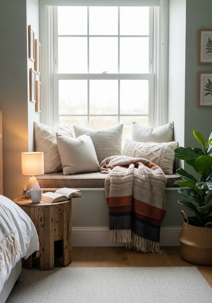 Window seat reading nook in bedroom – cozy and peaceful escape