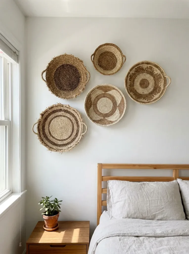 Woven basket wall decor display above a bed.