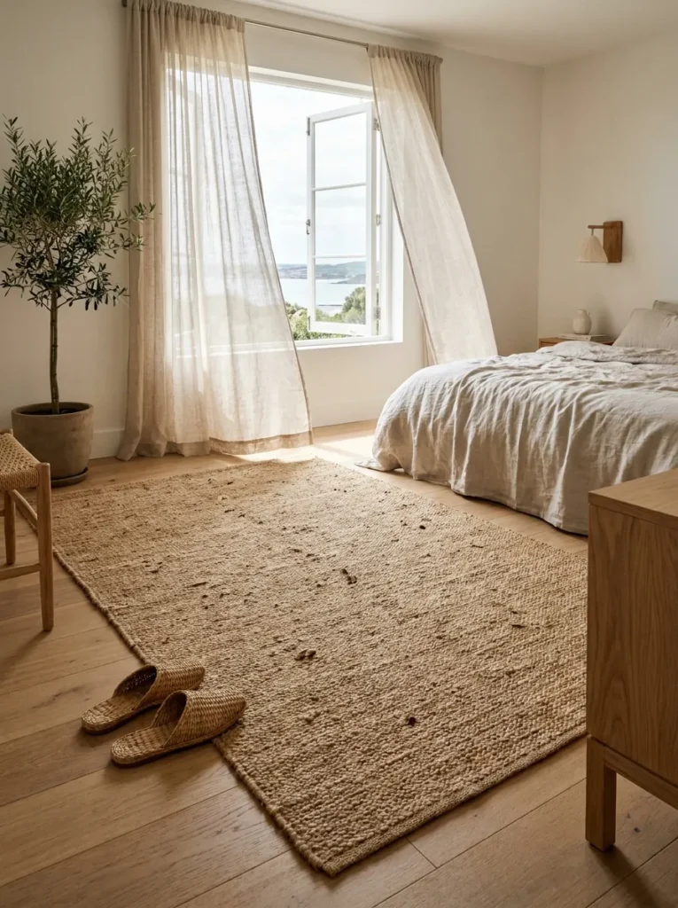 Natural jute rug on a light wood bedroom floor.
