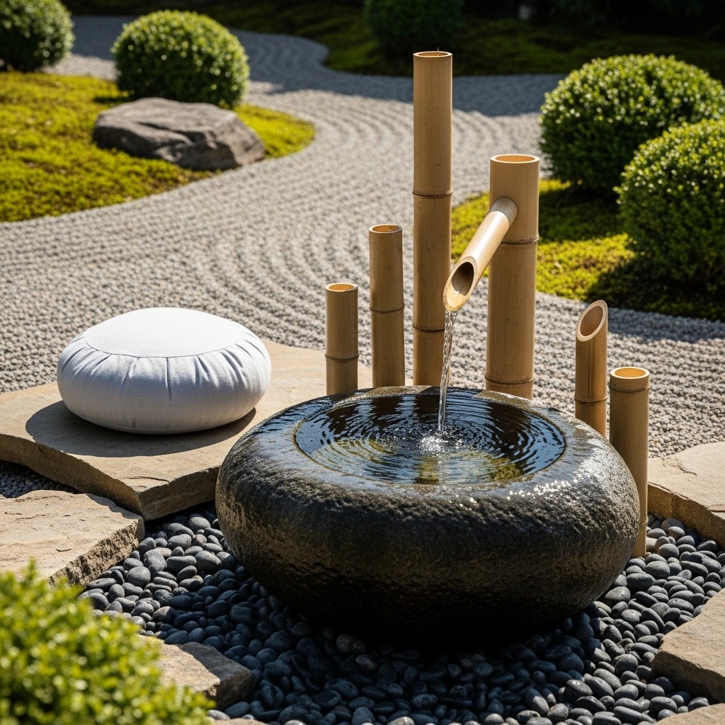 Zen water feature with bamboo – tranquil backyard water fountain decor ideas