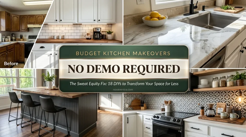 Kitchen renovation ideas before and after on a tight budget featuring painted cabinets, poured epoxy countertops, peel and stick backsplashes, and new hardware.