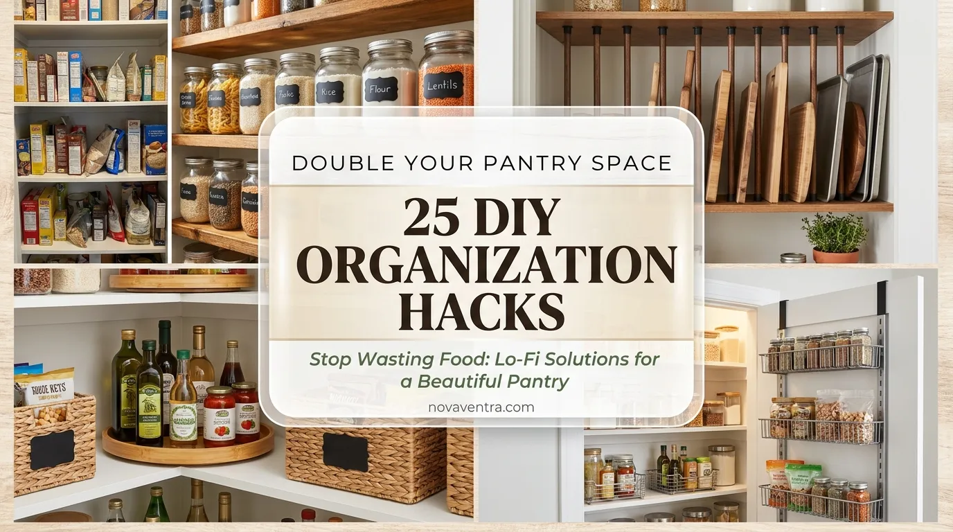 DIY pantry organization ideas that double your storage space featuring decanted glass jars, tension rod hacks, and over the door organizers.