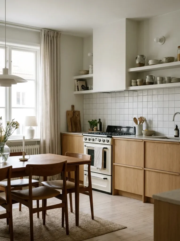4x4 square white tile grid backsplash in a modern Scandi kitchen