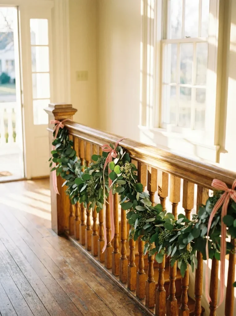 Staircase banister with eucalyptus garland and thin red and white ribbons.