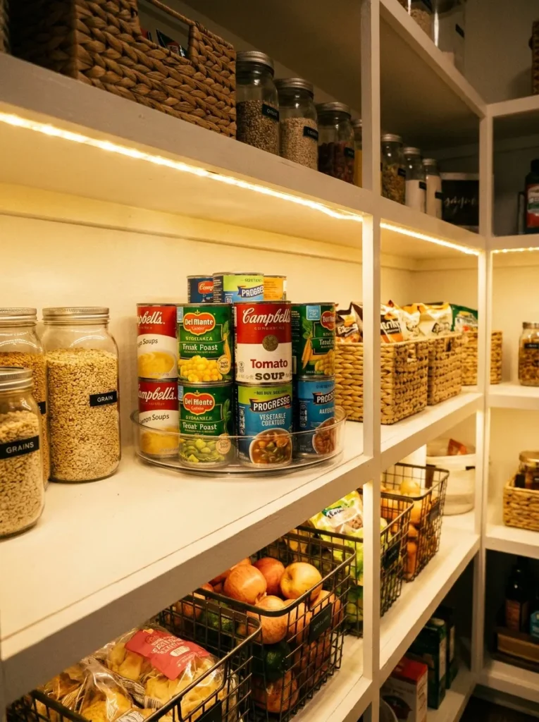 Acrylic turntable holding canned goods on a deep shelf