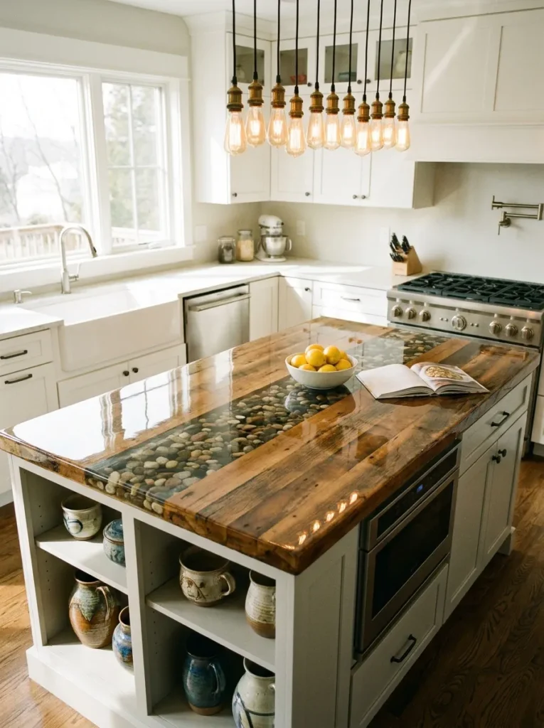 Custom poured high gloss epoxy resin kitchen island countertop