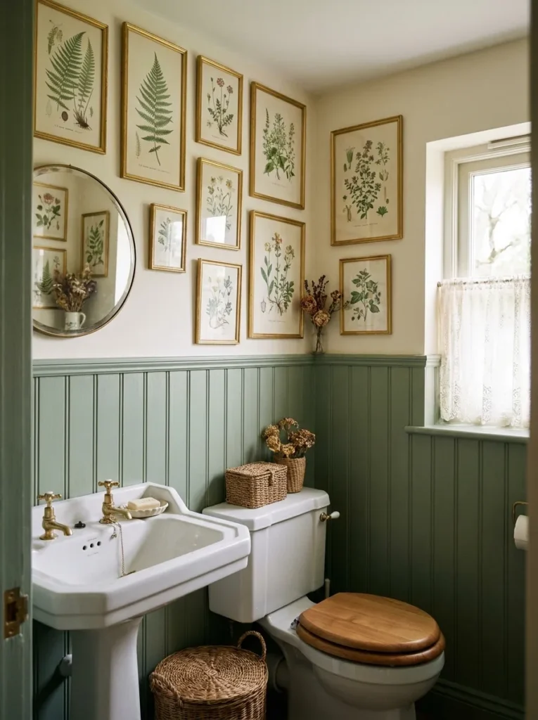 Sage green beadboard and botanical art in an aesthetic half bath