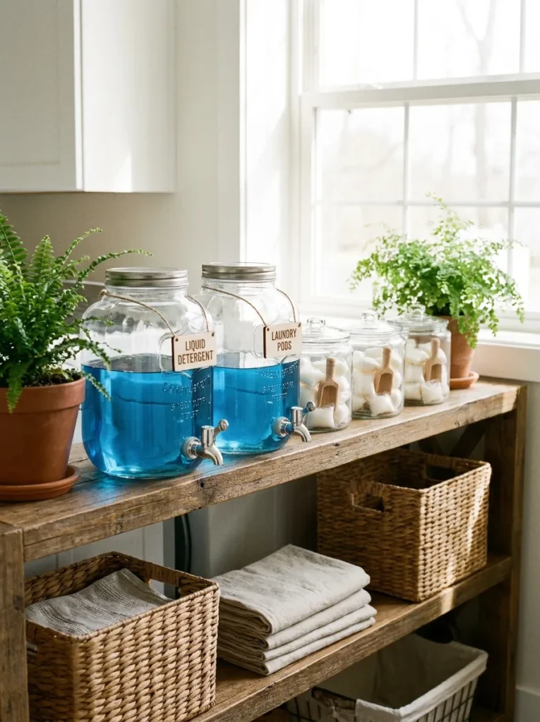 Glass jars and beverage dispensers holding laundry detergent on a shelf