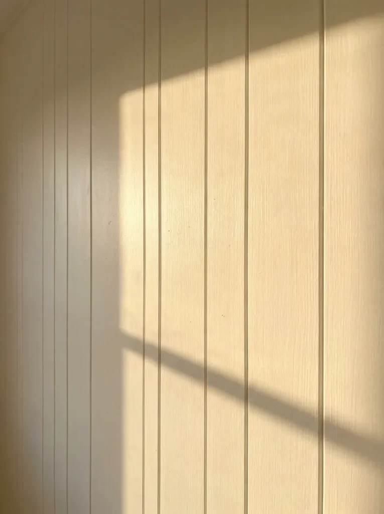Warm white painted wood paneling adding texture to a bright room