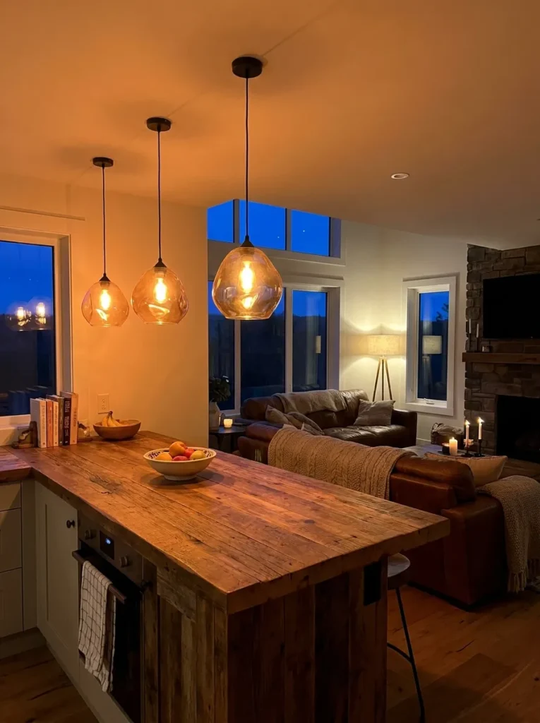 Glass pendant lights casting amber glow over an open kitchen peninsula