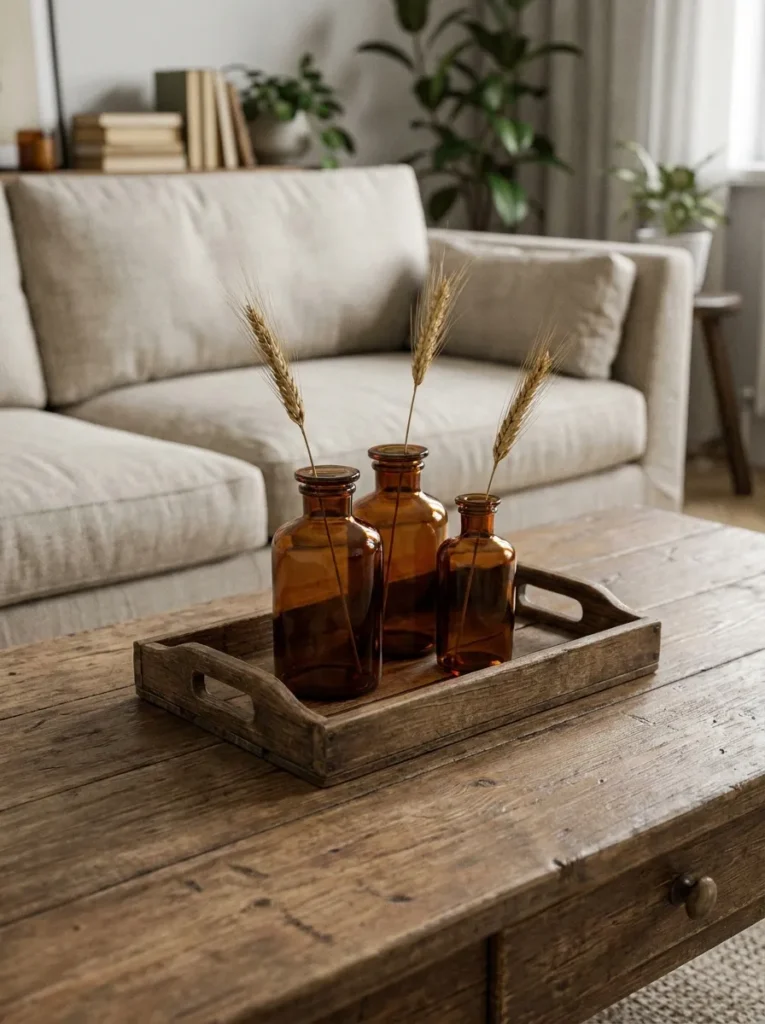 Amber glass bottles with dried wheat as a farmhouse centerpiece.