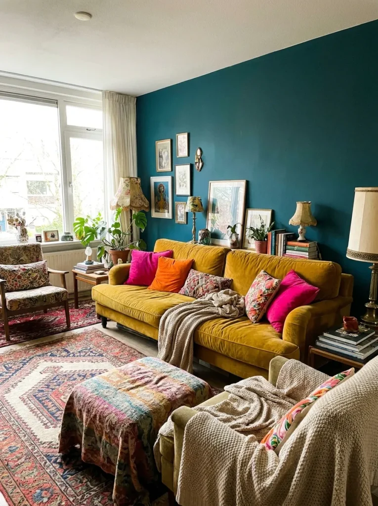 Teal walls with a mustard sofa and pink pillows – the anchor bridge pop color system
