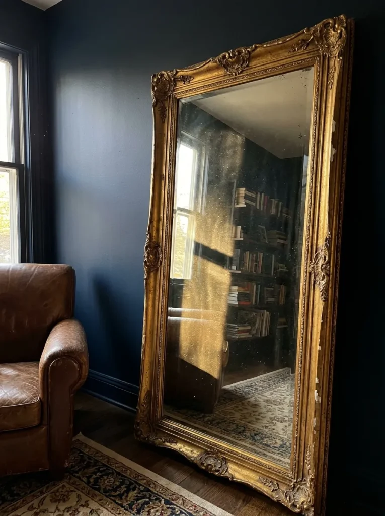 Large ornate gold floor mirror against a dark wall – antique maximalist lighting trick