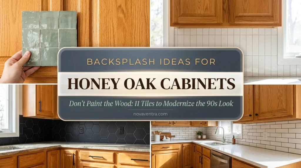 Backsplash ideas for honey oak cabinets featuring sage green tile, vertical subway layouts, and matte black geometric tiles to modernize a 90s kitchen.