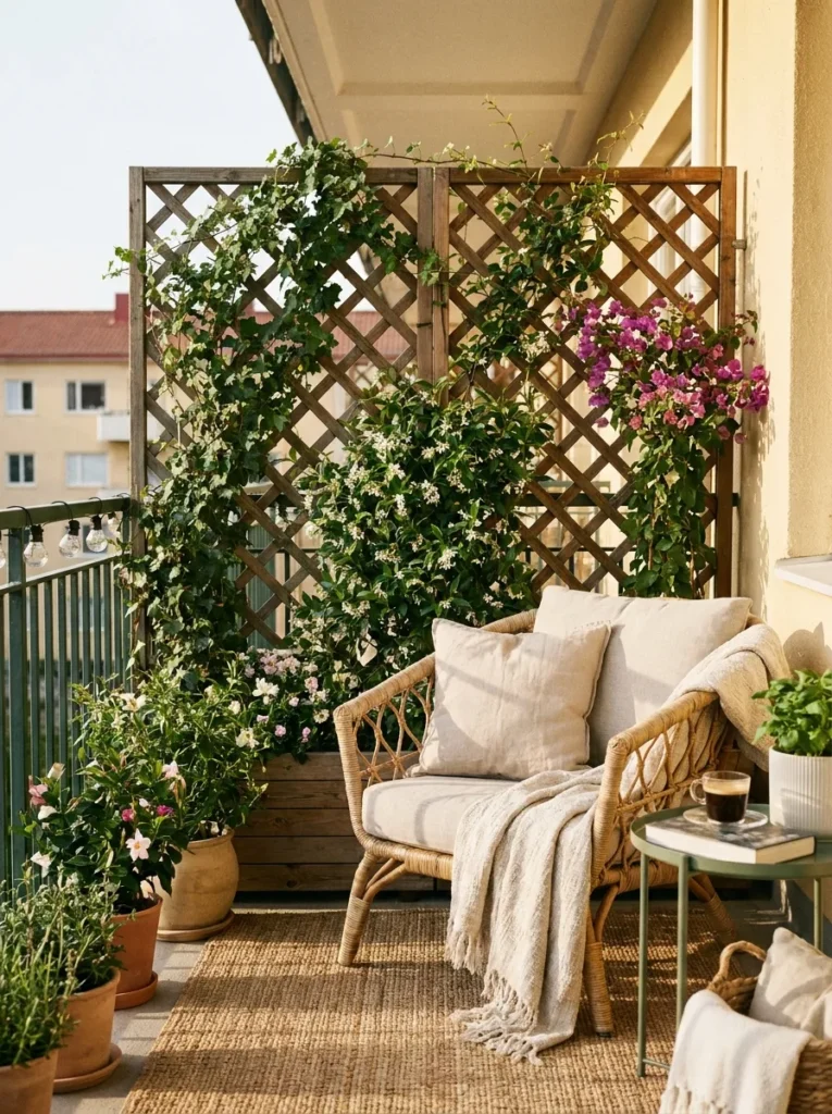 Apartment balcony with decorative lattice privacy screen and climbing greenery.
