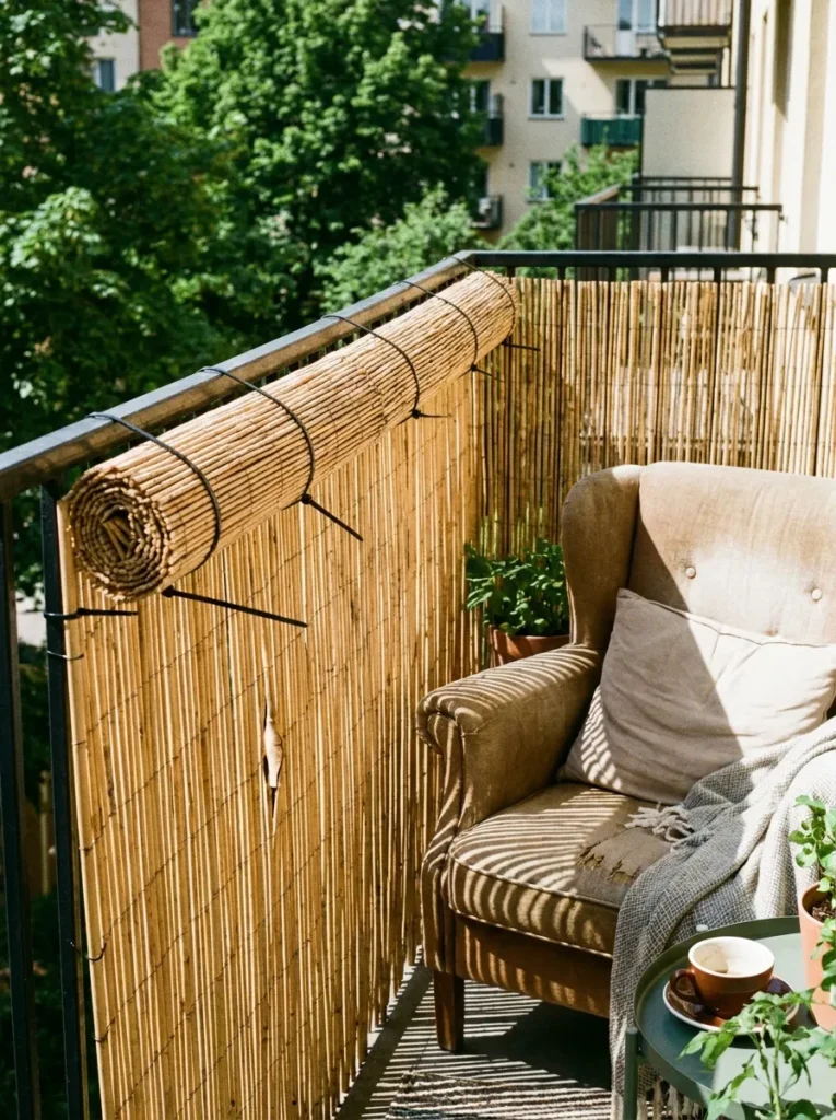 Bamboo screen zip-tied to an apartment railing – renter friendly balcony privacy