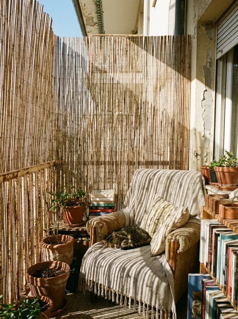 Bamboo screen filtering harsh sunlight – dual privacy and shade balcony solution