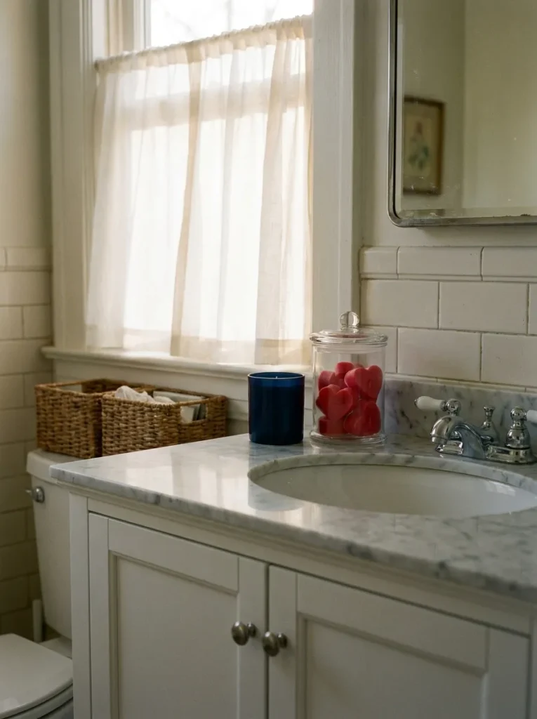 Minimalist guest bathroom with navy and red summer accents.