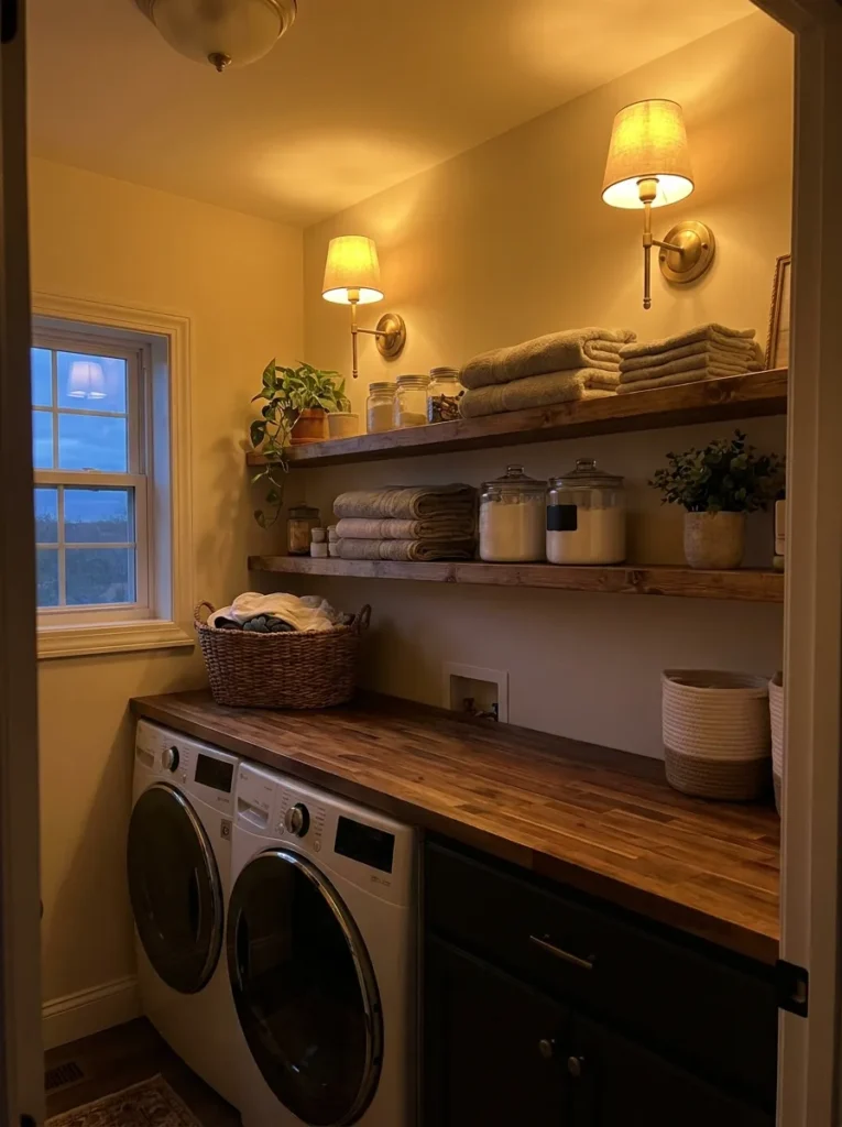Brass wall sconces with battery operated puck lights illuminating a laundry space