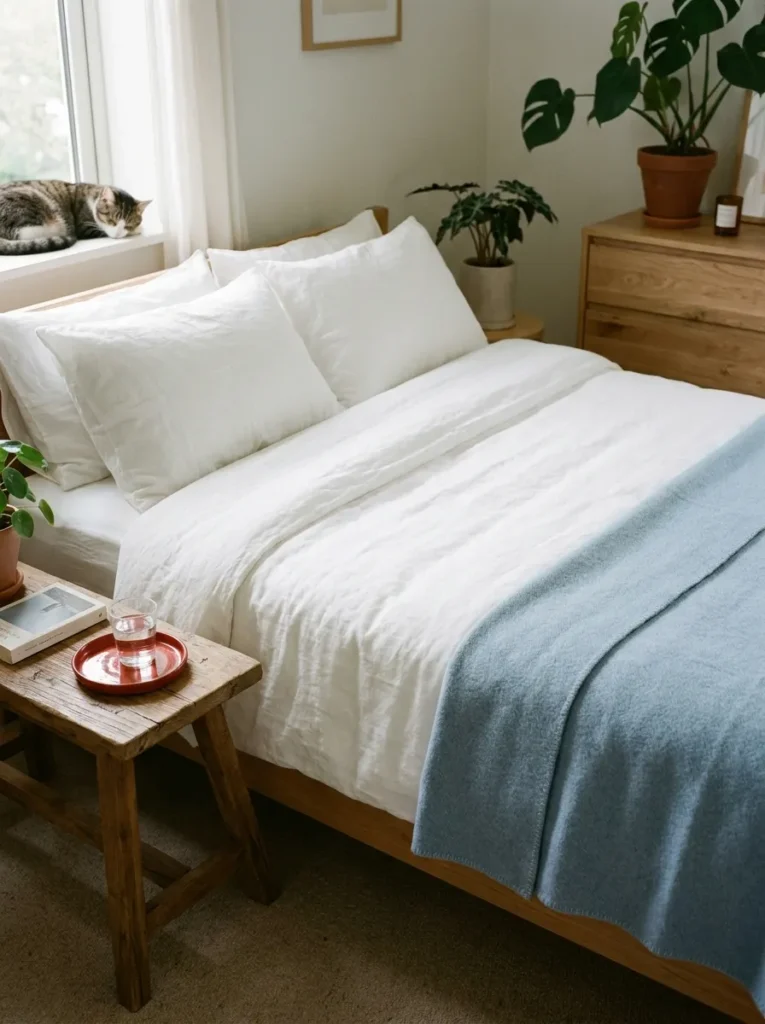 Bedroom with white and pale blue bedding and a small red accent on the nightstand.