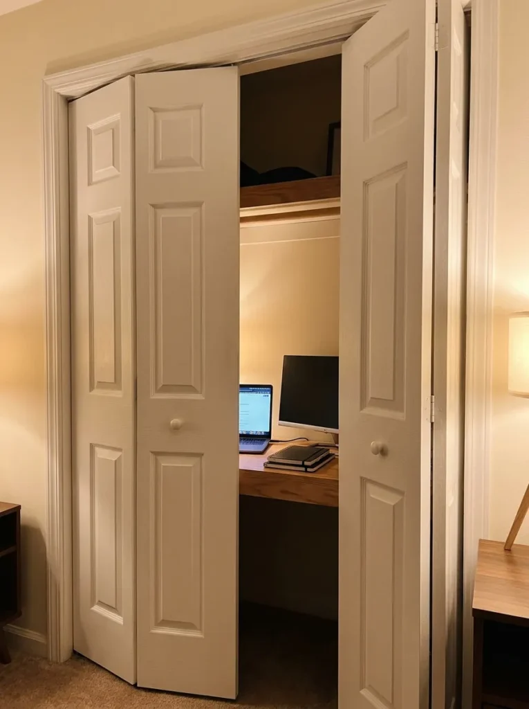 Bifold closet doors cracked open revealing a hidden home office workspace