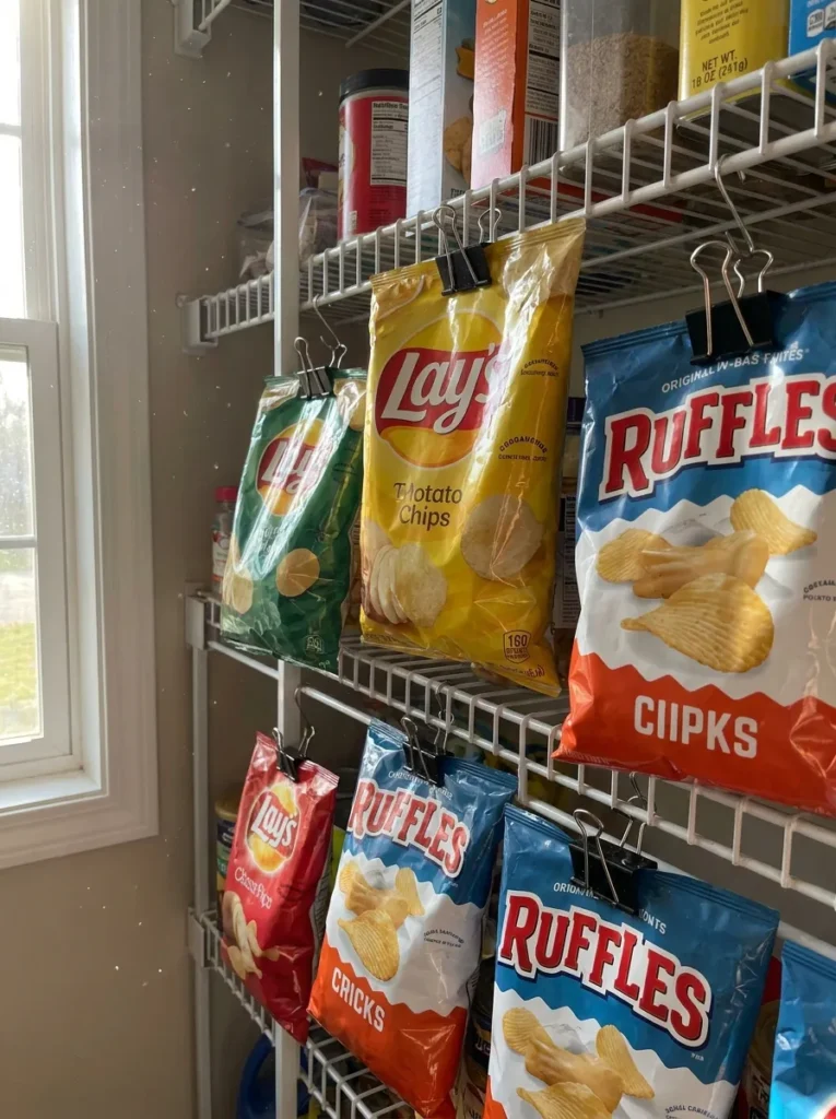 Chip bags hanging from a wire pantry shelf using binder clips