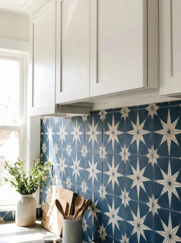 White and blue patterned encaustic cement tile in a white kitchen