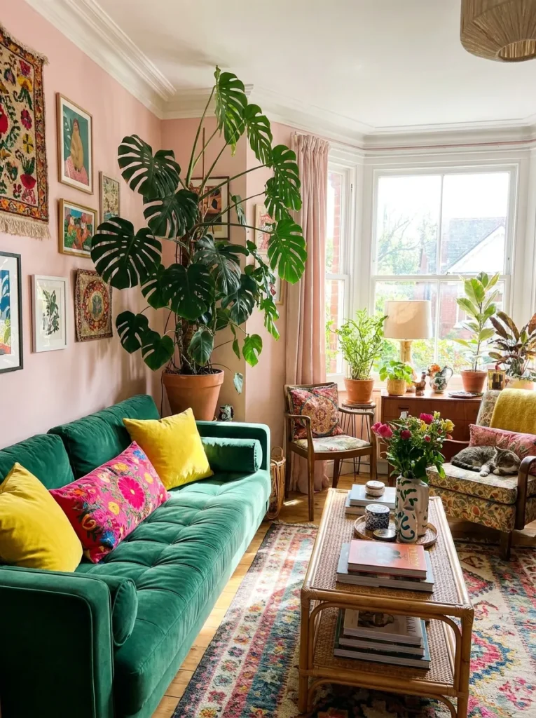 Blush pink walls with a green sofa and yellow pillows – tropical bright maximalist decor