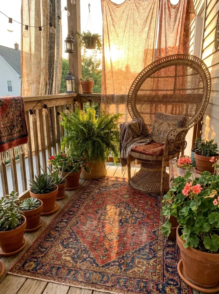 Boho eclectic balcony with rattan peacock chair and patterned rug