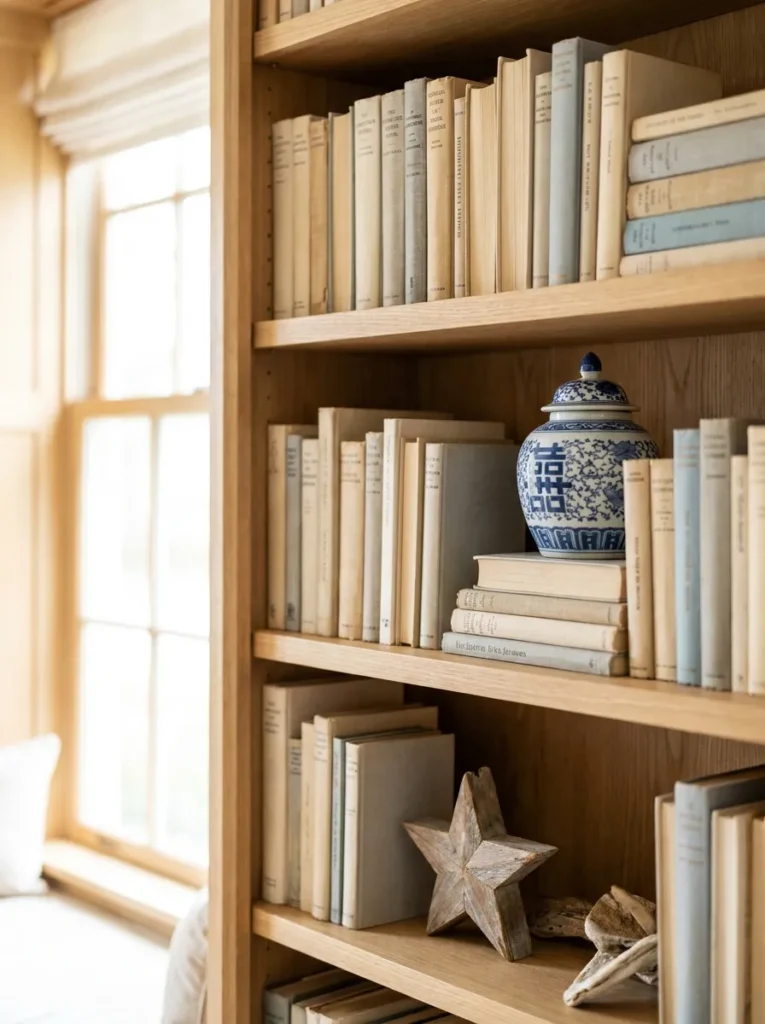elf styled with blue ginger jars and neutral books for summer.