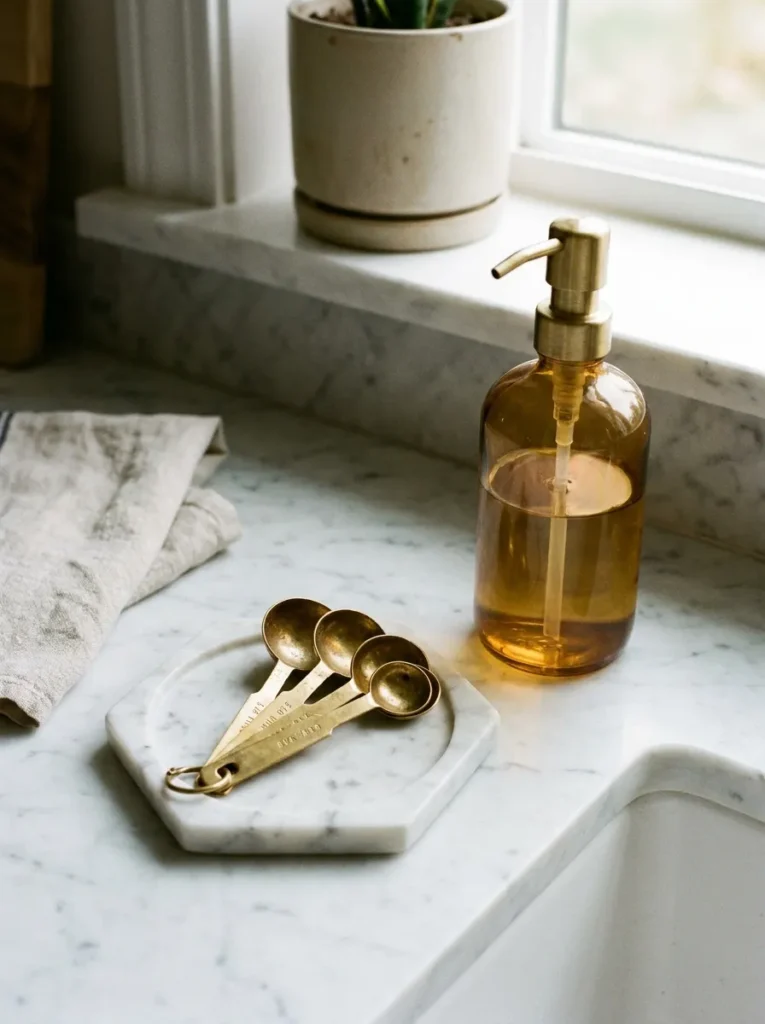 Brass measuring spoons and a soap dispenser on a kitchen counter.