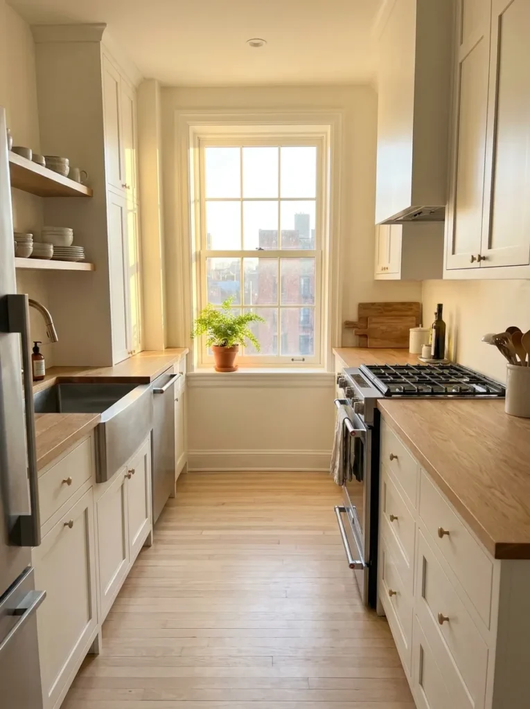 Sunny window at the end of a long narrow apartment galley kitchen corridor