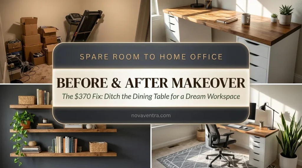 Budget home office makeover in a spare bedroom before and after showing a cluttered junk room converted into a stylish charcoal gray workspace with a DIY desk.