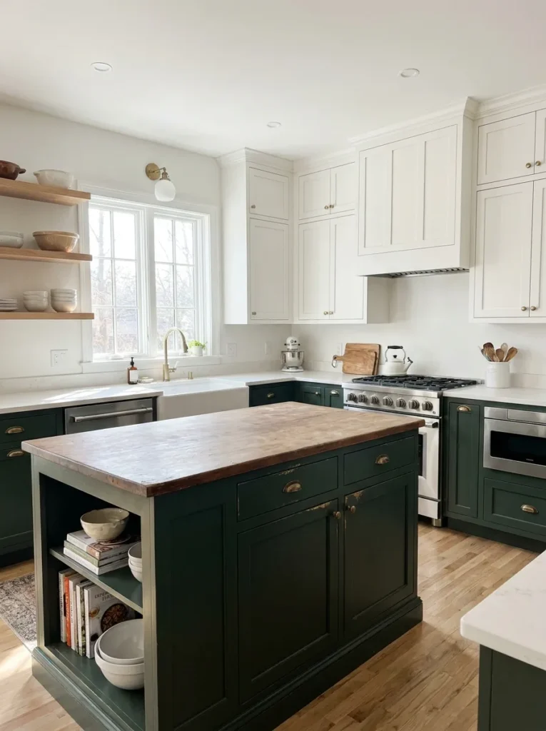Two tone kitchen with white upper cabinets and green lower cabinets