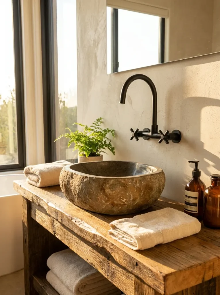 Raw stone vessel sink on a wood vanity in a spa like half bath