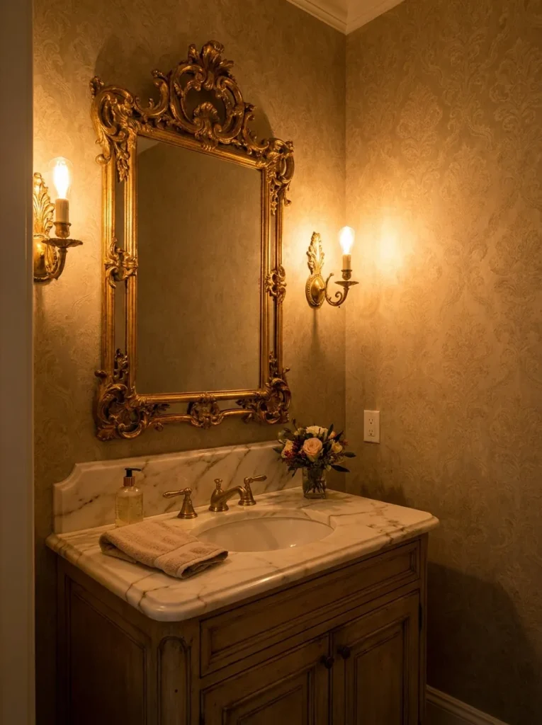 Ornate gold framed statement mirror in a powder room makeover