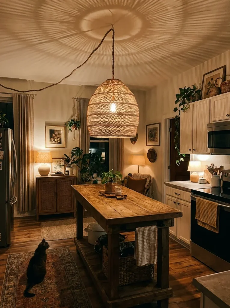 Woven rattan statement pendant light replacing a generic kitchen ceiling fixture