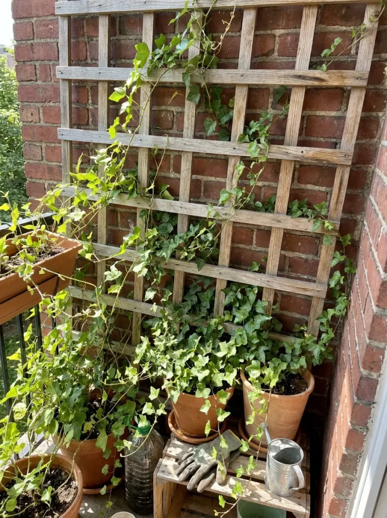 Cheap wooden trellis leaning against a brick wall with ivy – budget plant wall idea