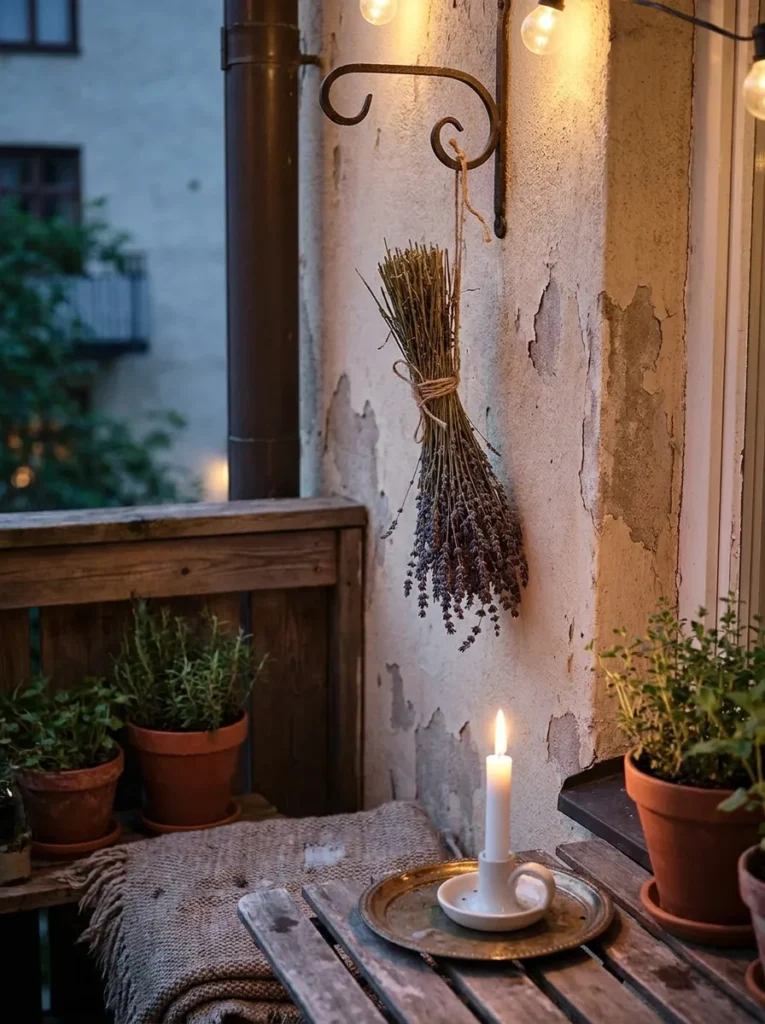 Citronella candle and hanging dried lavender – adding scent to a small balcony