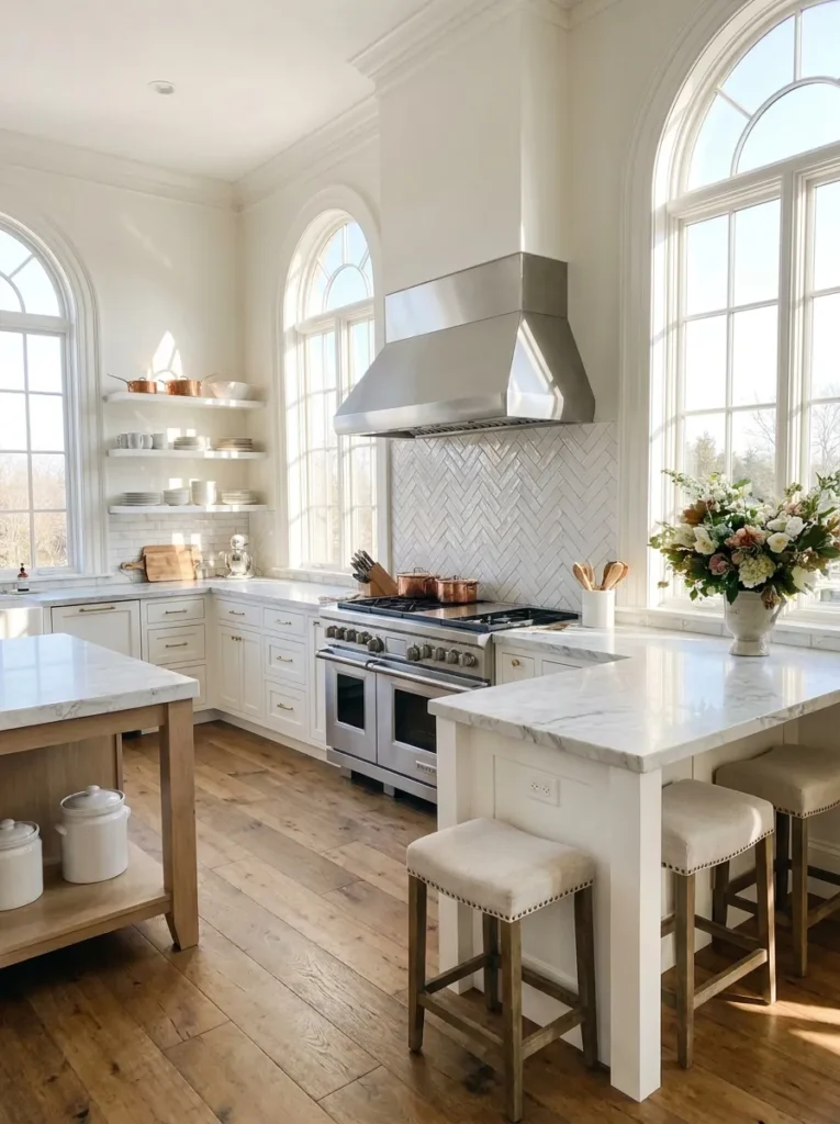 Classic 45 degree herringbone subway tile backsplash in a white kitchen