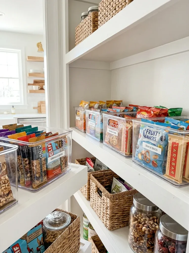 Clear acrylic bins holding snacks on a bright pantry shelf