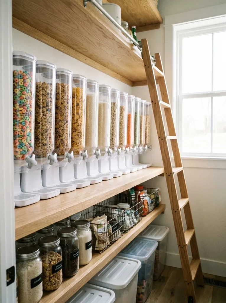 Tall clear plastic dispensers holding cereal and rice on a shelf