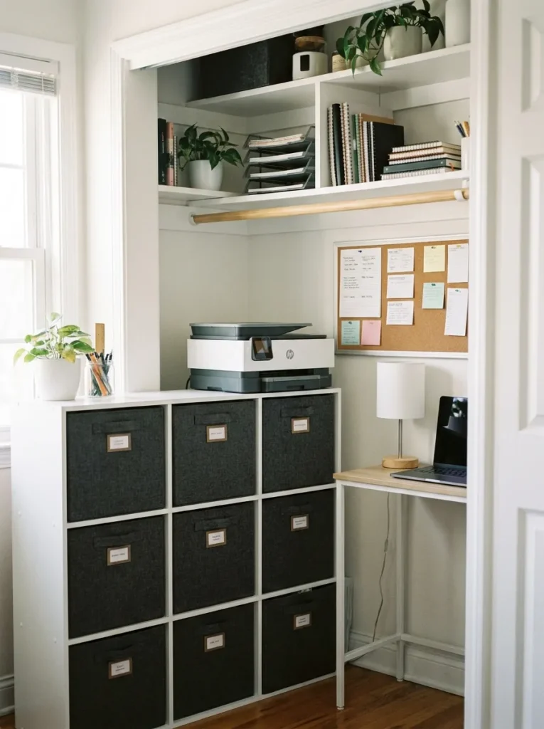 Closet storage conversion with white cube organizer and gray bins