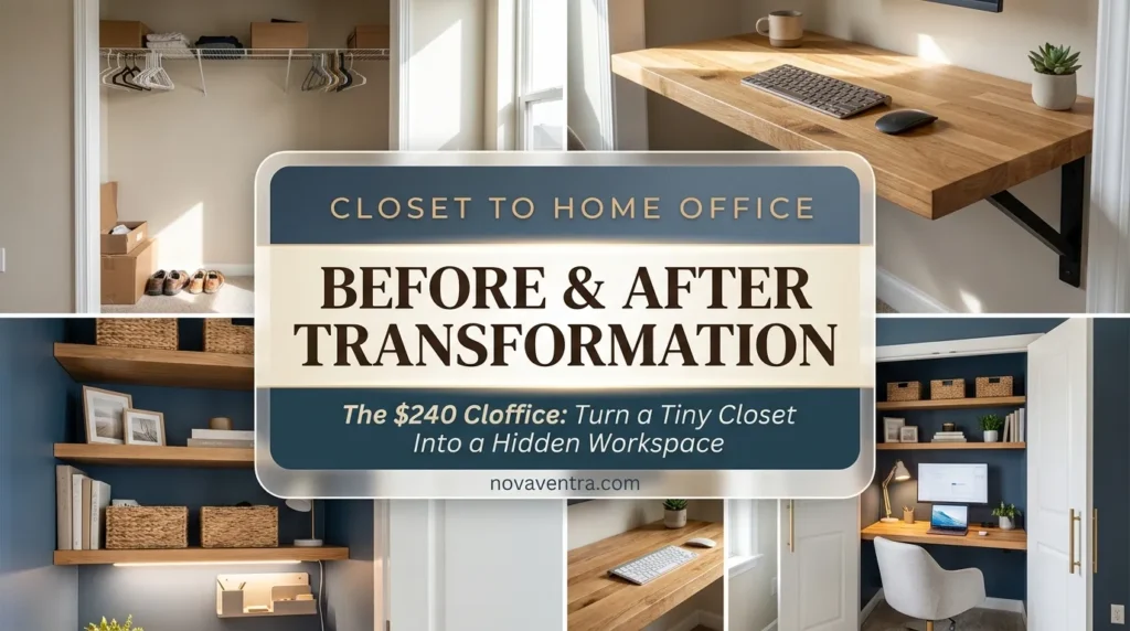 Closet converted to home office before and after small space makeover showing a reach-in closet transformed into a slate blue cloffice with a floating desk.